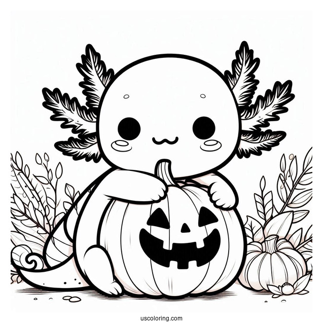 Kawaii Axolotl Coloring Page Hugging A Jack O Lantern