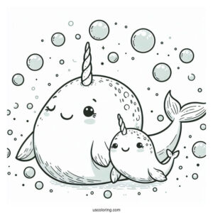 Mama And Baby Narwhal Coloring Page Surrounded By Bubbles