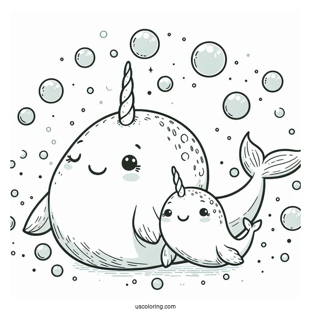 Mama And Baby Narwhal Coloring Page Surrounded By Bubbles