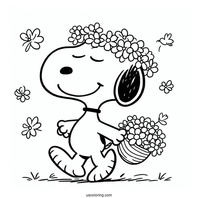Smiling Snoopy With Flowers Coloring Picture