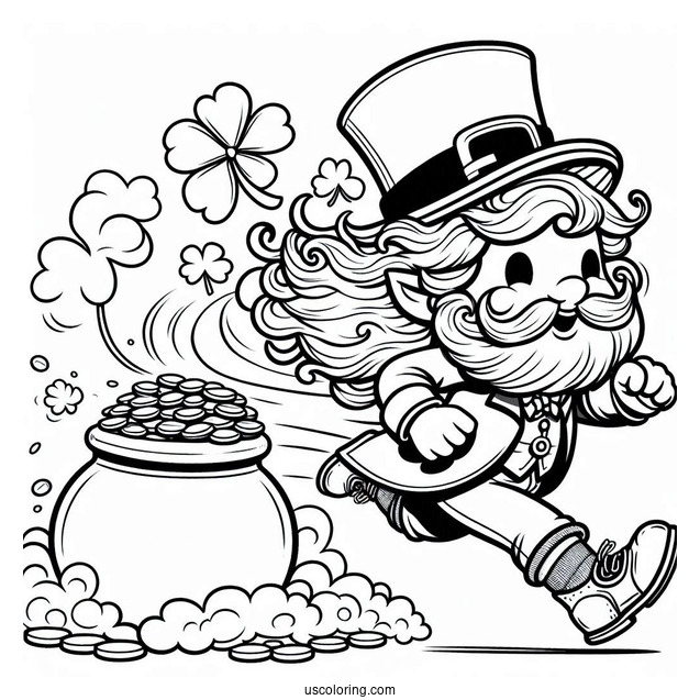 St. Patrick's Day Coloring Page Leprechaun Running Away With A Pot Of Gold