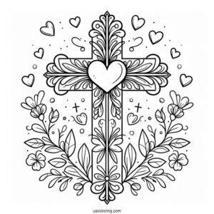 Cross Coloring Page With Love Hearts And Floral Details