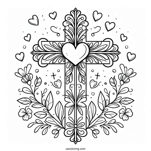 Cross Coloring Page With Love Hearts And Floral Details