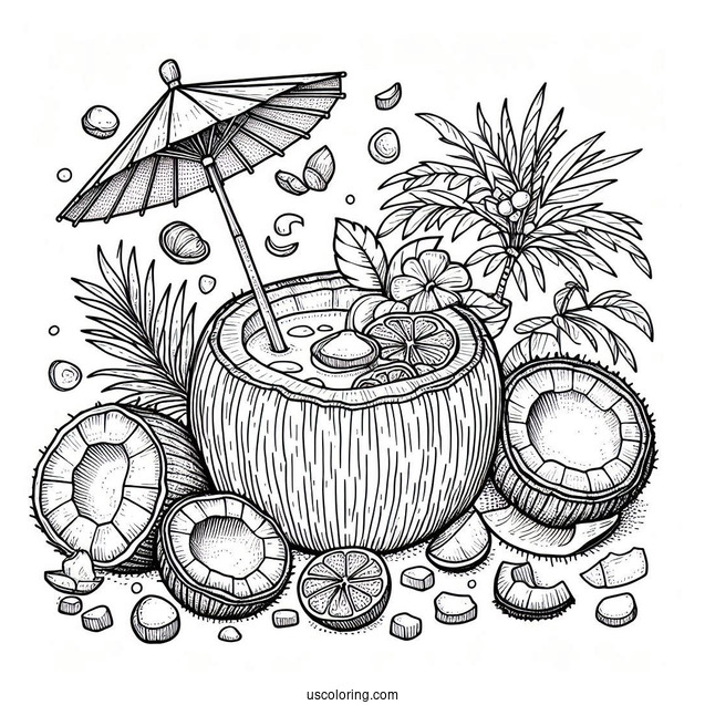 Delicious Coconut Coloring Page Drink With Paper Parasol And Fruit Slices