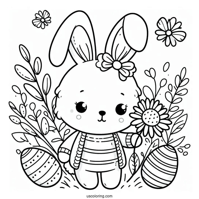 Adorable Easter Coloring Page Of Bunny Holding A Flower For Kids
