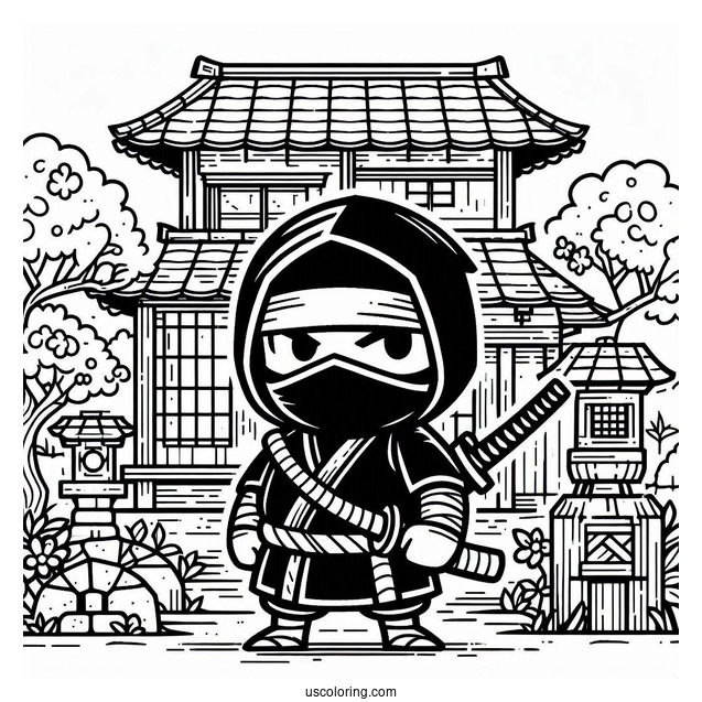 Ninja In An Old Japanese Village Coloring Sheet