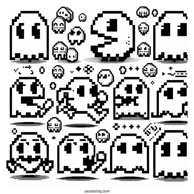 Retro Pixelated Pac-Man Coloring Page Ghosts