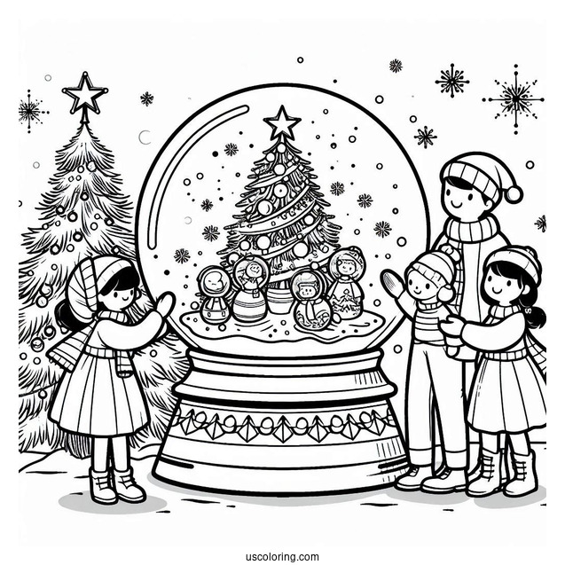 Family Celebrating Christmas Snow Globe Coloring Page