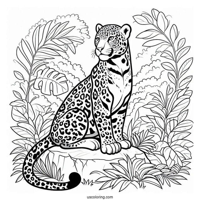 Jaguar Sitting In The Jungle Coloring Page