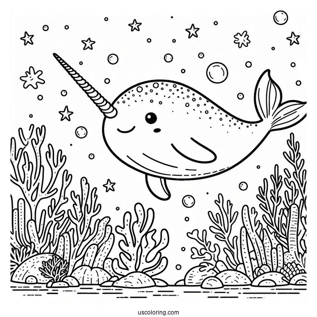Cute Narwhal Coloring Page Swimming In A Coral Reef For Kids