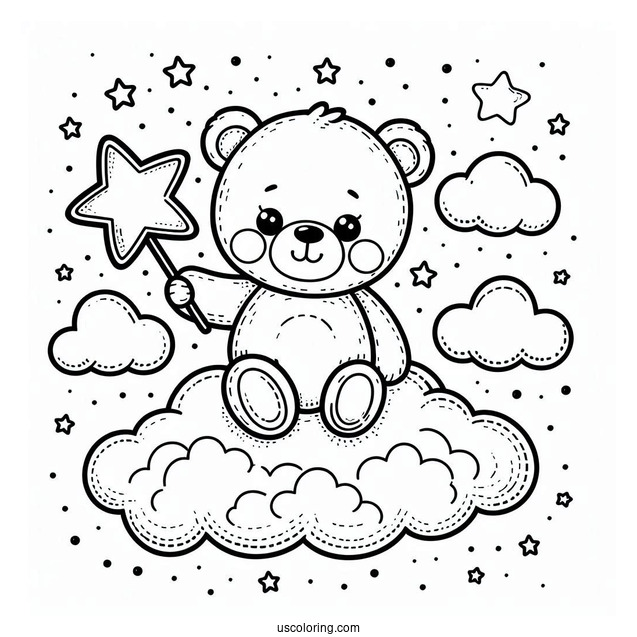 Cute Coloring Page Teddy Bear Holding A Star In The Clouds