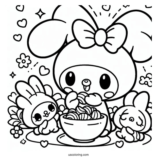 My Melody Coloring Page Feeding Zou Chips