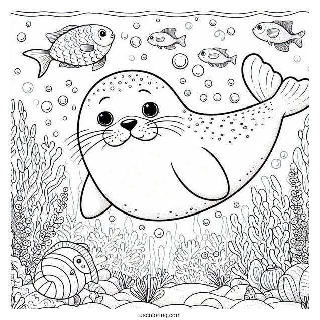Happy Seal Coloring Page Underwater With Fish