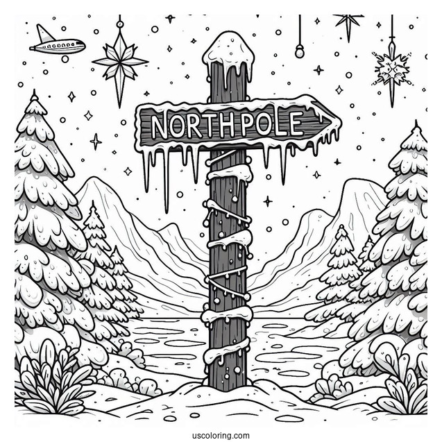 Simple North Pole Coloring Page Sign Post Covered In Ice