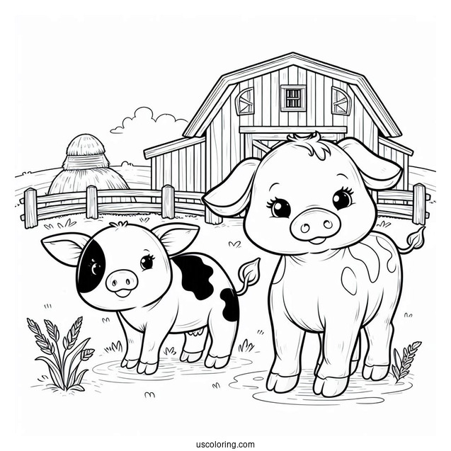 Cow And Pig On a Farm To Color