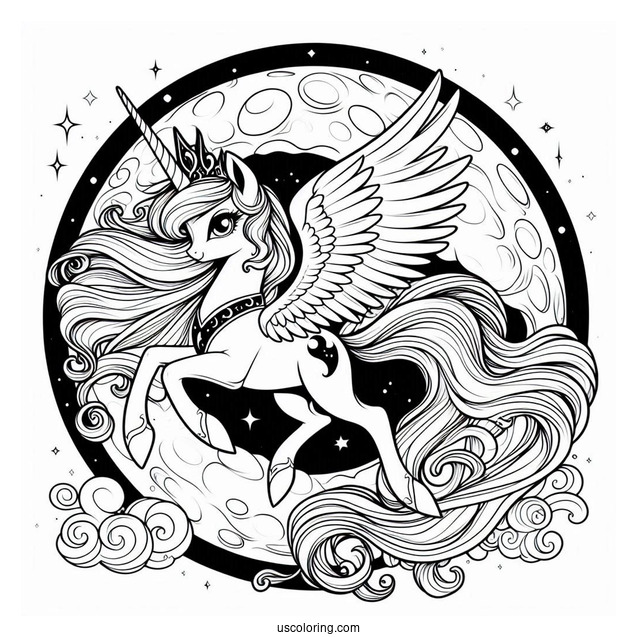 Princess Luna Coloring Page Flying In Front Of A Full Moon