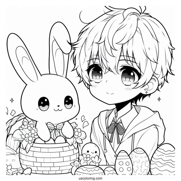Easter Coloring Page Of Cute Anime Boy With Easter Bunny And Eggs For Kids