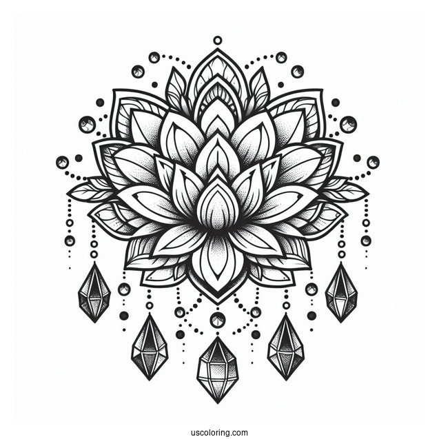 Lotus Flower Mandala Coloring Page With Hanging Crystals