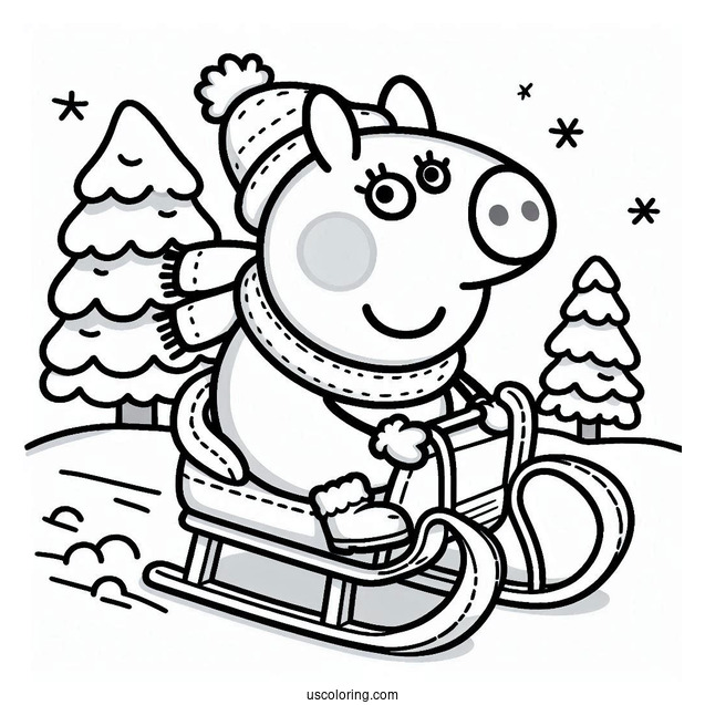 George Pig Riding Sleigh In Winter To Color