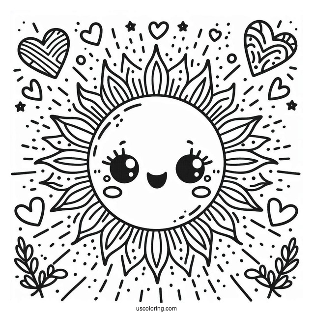 Adorable Summer Coloring Page Of Sun With Love Heart Sunrays For Preschoolers