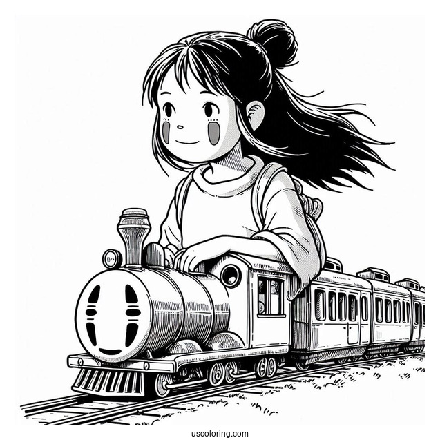 Studio Ghibli Coloring Page of Spirited Away Chihiro Riding Train With No Face And Bo