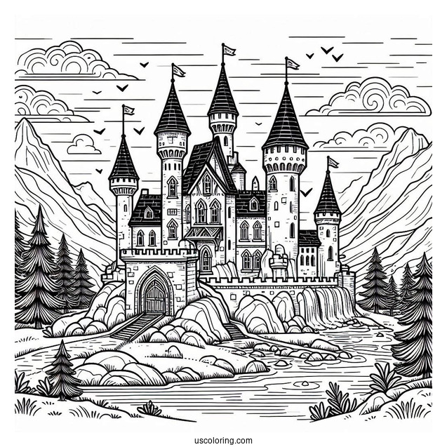 Castle Coloring Page With Moat In The Mountains