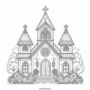 Cute Church Coloring Page With Flowers In Front