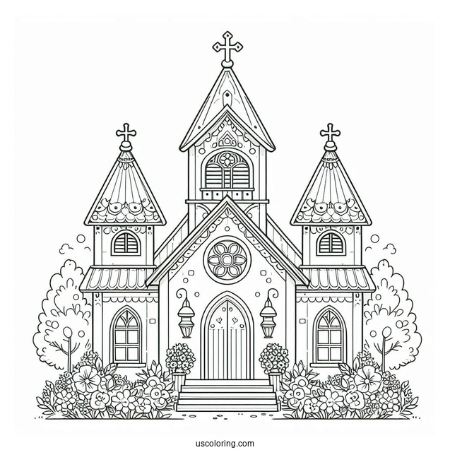 Cute Church Coloring Page With Flowers In Front