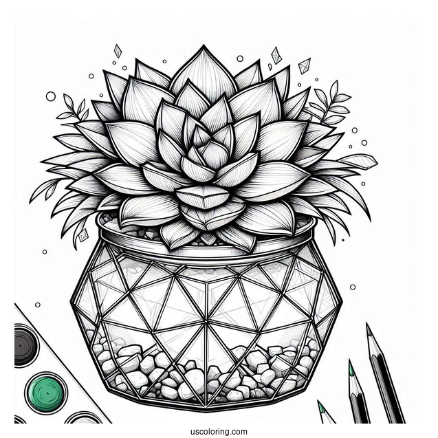 Succulent Coloring Page In Geometric Glass Terrarium