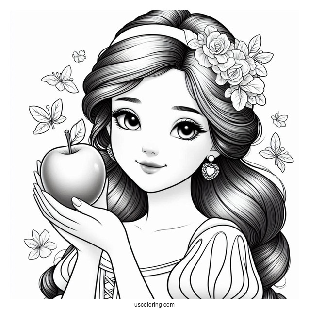 Princess Coloring Page Of Realistic Snow White Holding Apple