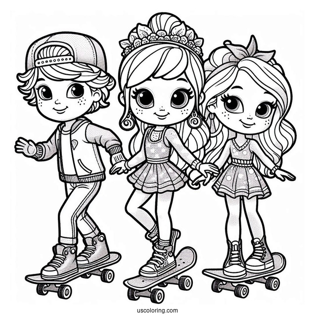 Polly Pocket Coloring Page Skateboarding With Nikolas, Lila, And Shani