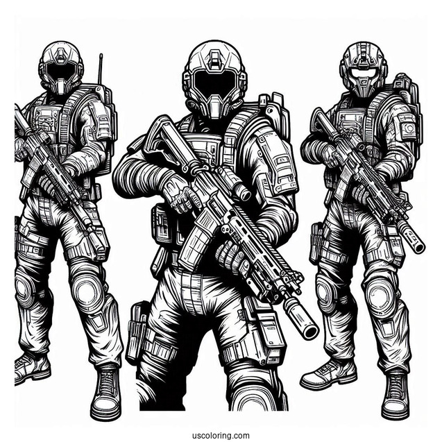 Detailed Futuristic Soldier Coloring Page Holding Weapon