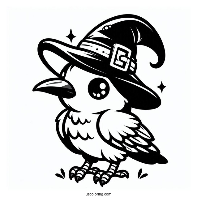 Chibi Raven Coloring Page Wearing A Witch's Hat For Kids