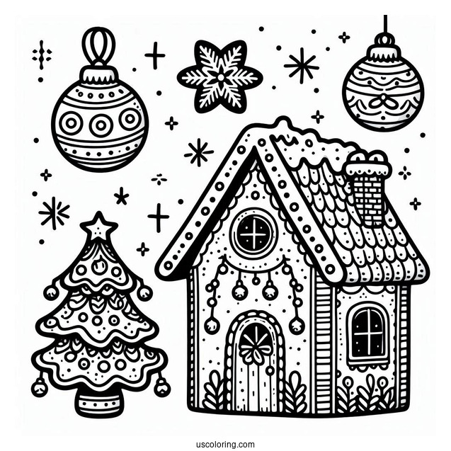 Easy Gingerbread House Christmas Ornaments Coloring Page For Kids