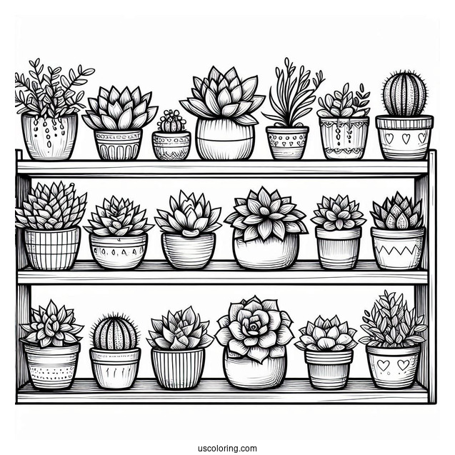 Shelves Full Of Cute Succulent Coloring Page