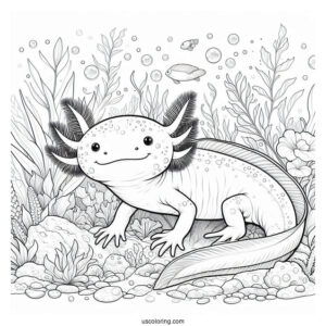 Realistic Axolotl Coloring Page Under The Sea