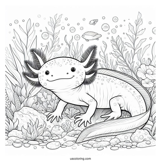 Realistic Axolotl Coloring Page Under The Sea