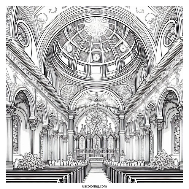 Detailed Interior Of A Catholic Church Coloring Page