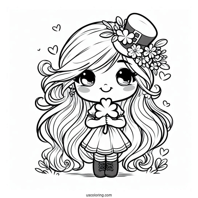 Smiling St. Patrick's Day Coloring Page Holding A Shamrock For Kids