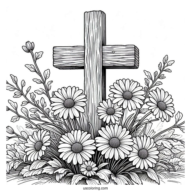 Daises Over A Wooden Cross Coloring Page In Nature For Kids