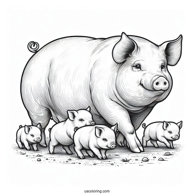 Realistic Mother Pig With Piglets To Color