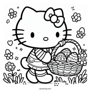 Easter Coloring Page Of Easy Hello Kitty Walking With Basket Of Easter Eggs