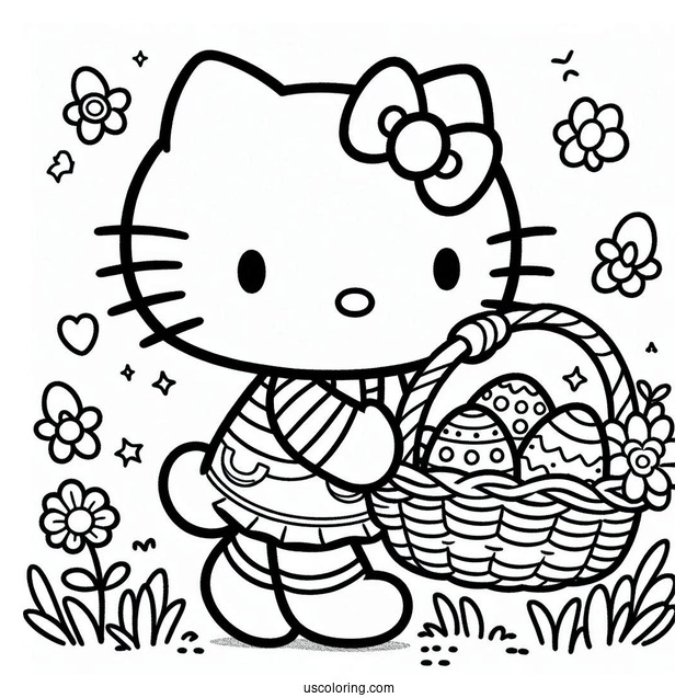 Easter Coloring Page Of Easy Hello Kitty Walking With Basket Of Easter Eggs
