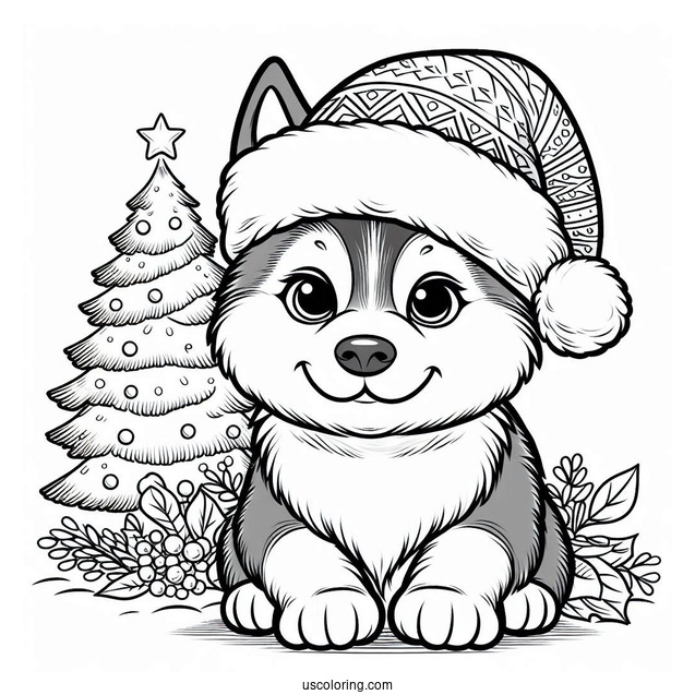 Husky Wearing Santa Hat In Front Of Christmas Tree Coloring Page