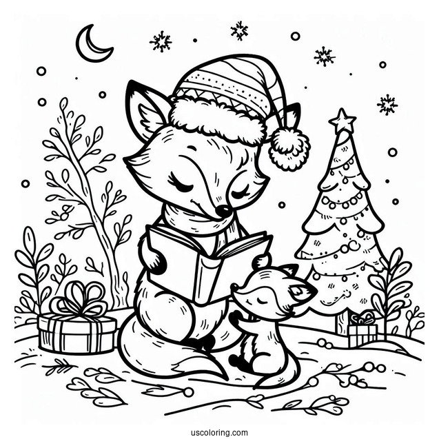 Mama Fox Coloring Page Reading To Baby Fox In Winter Christmas