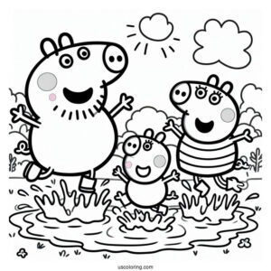 Peppa Pig Family Jumping In Mud Coloring Page
