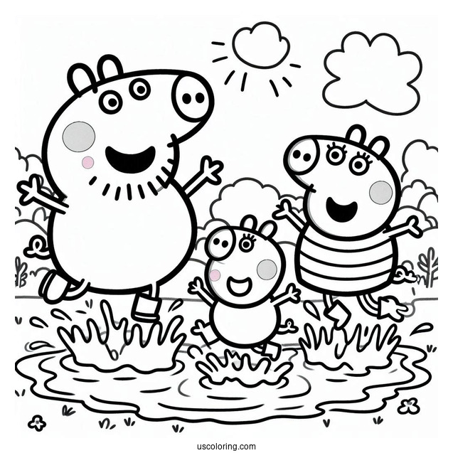 Peppa Pig Family Jumping In Mud Coloring Page