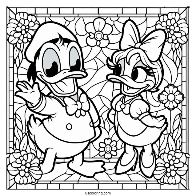 Easy Donald Duck And Daisy Duck Stained Glass Coloring Page For Kids