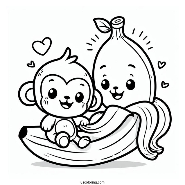 Cartoon Banana Coloring Page With A Monkey Friend
