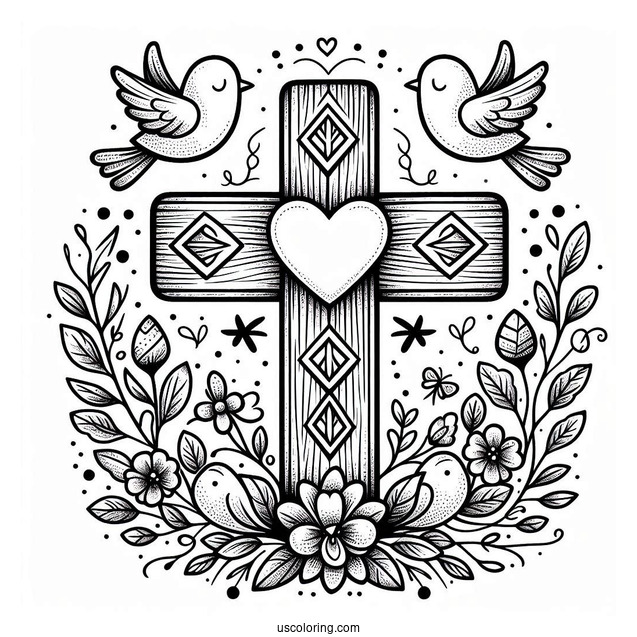 Wooden Easter Cross With Love Heart And Birds